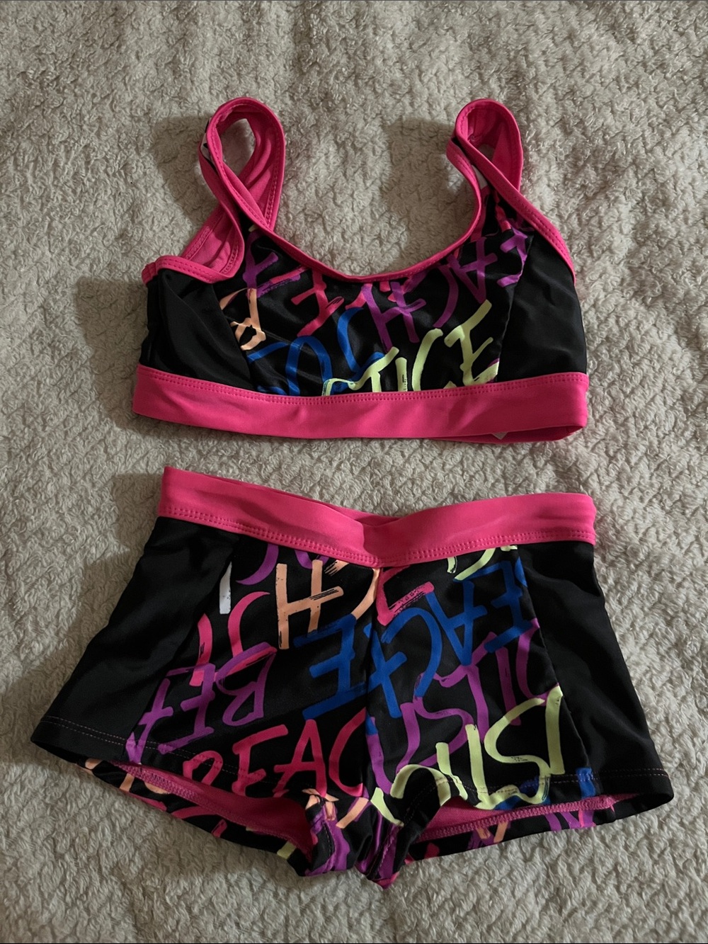 Justice Black Two-Piece Gymnastics/ Dance Wear w/ Neon Graffiti